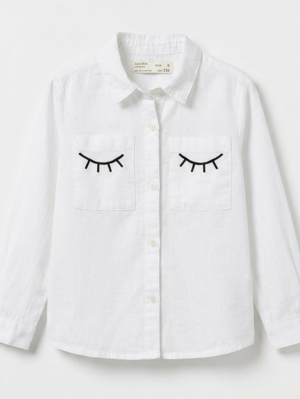 Zara Kids White Button-Down 100% Cotton Shirt with Eyelash Pocket Detail